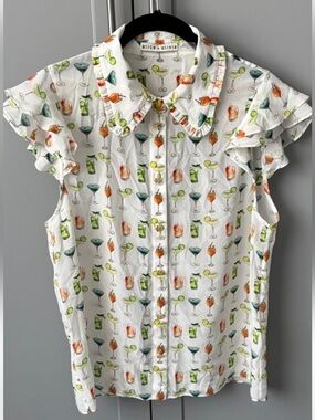 Alice + Olivia White Cocktail-Print Ruffle Sleeve Blouse